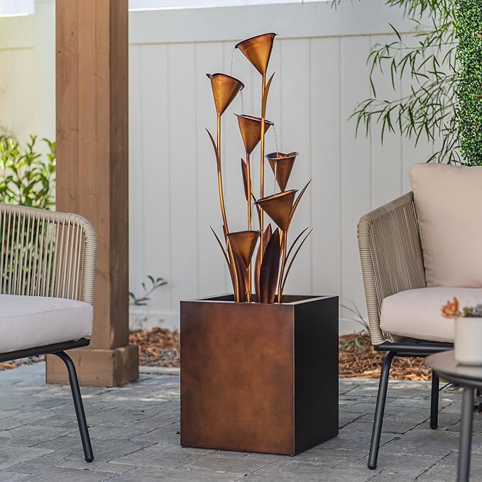 XBrand 46" Tall Bronze Metal Sculptural Flower Multi-Tier Freestanding Water Fountain Without LED Lights