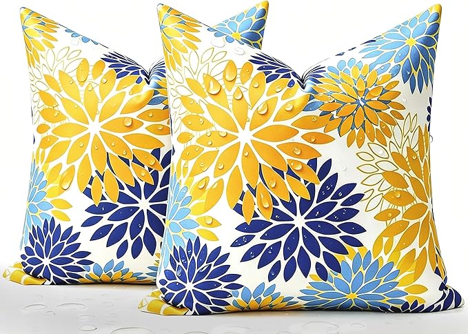 Dahlia Throw Pillow Covers 20×20 Inch Set of 2 Yellow and Blue Spring Summer Decorative Throw Pillow Cases Outdoor Pillows Waterproof Cushion Covers for Living Room Bedroom Garden Patio