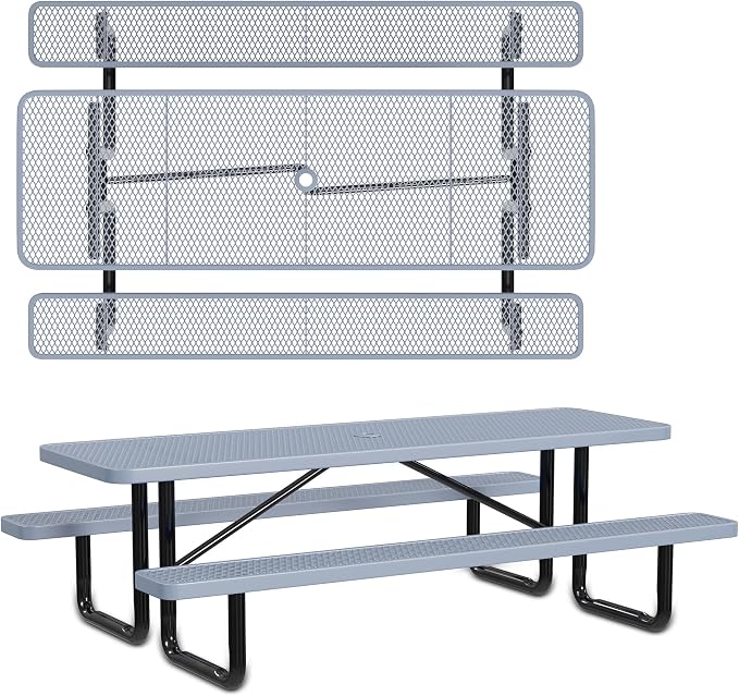 Leisure Craft Metal Picnic Table with Bench - 8 ft Rectangle Outdoor Dining Table for 8, Umbrella Hole, Weatherproof Heavy Duty Thermoplastic Coating, Commercial Grade Furniture Made in USA - Gray