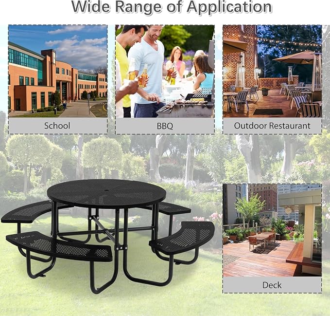Coated Steel Heavy Duty Picnic Table for Outdoors 3200 lbs Load, Round Camping Table with 1.78" Umbrella Hole, Commercial Picnic Table with Benches, Black