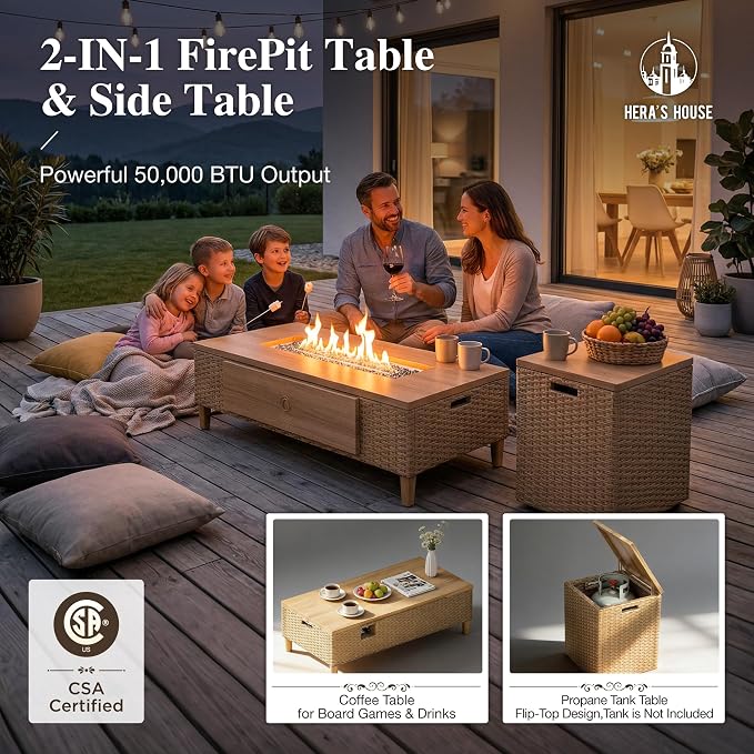 HERA'S HOUSE Patio Furniture Set with Fire Pit, 5 Pieces L-Shape Sectional Outdoor Wicker Couch Sofa, Yellow Rattan Conversation Set with 10" Thick Cushion, Low Profile Lawn Deck Furniture