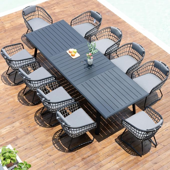 Pellebant 11-piece Outdoor Dining Set for 10 - Weather-Resistant Patio Dining Furniture, 116" Aluminum Outdoor Table with Umbrella Hole, Wicker Chairs with Cushion for Deck, Porch, Backyard, Gray