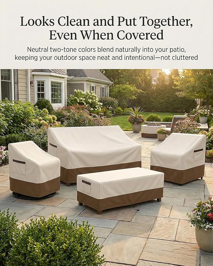 4-Piece Patio Furniture Cover Set, Waterproof Outdoor Furniture Covers for 3-Seater Sofa, Patio Chairs & Coffee Table, Heavy-Duty 600D, Fade&UV-Resistant, Breathable, All-Season Protection,Beige&Brown