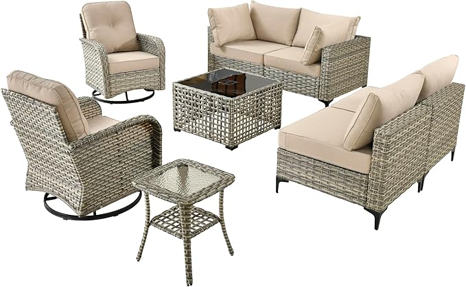 Outdoor Patio Furniture Sets, 8 PCS Patio Conversation Set Outside Rattan Sectional Sofa with Wicker Rocking Chairs Coffee Table Soft Cushion Fit Backyard Porch Garden Poolside Balcony