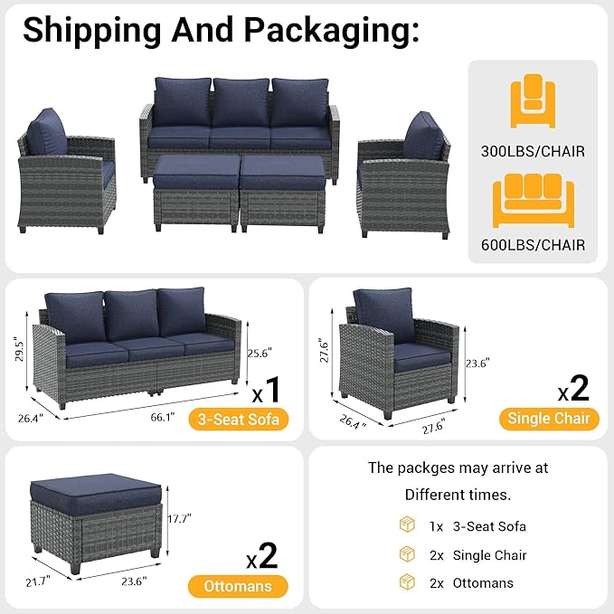 Patio Furniture Set, 5 Pieces Outdoor Sectional Sofa Couch with Chairs, Ottomans and Thick Cushions, All Weather Wicker Rattan Patio Conversation Set Navy Blue