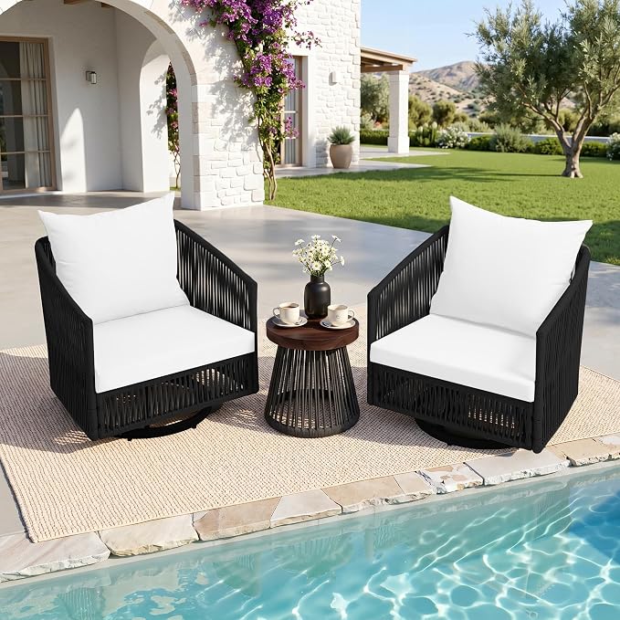 Outdoor Patio Furniture Set, 3 Pieces Outdoor Swivel Chairs with Coffee Table and Thick Cushion, Pe Wicker Rope Furniture Set for Entertaining, Balcony, Garden, Poolside, Black