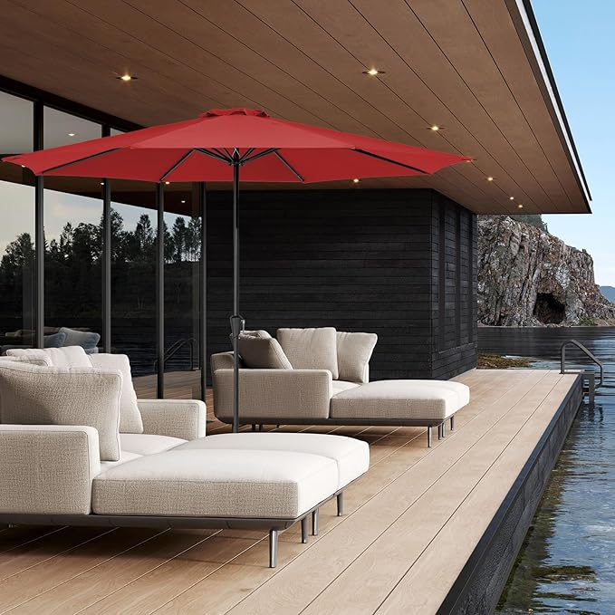 JEAREY 11' Patio Umbrellas Outdoor Table Market Umbrella w/Crank, 8 Sturdy Ribs, UV Protection Windproof for Garden, Deck, Backyard, Pool(Red)