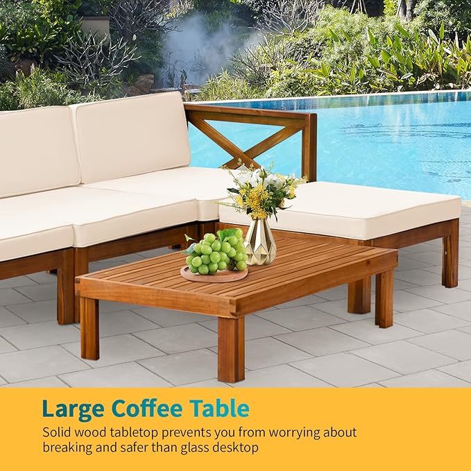 5-Piece Acacia Wood Outdoor Sofa Set Patio Bistro Set Furniture Outdoor Chat Conversation Table Chair Set with Water Resistant Cushions and Coffee Table for Beach Backyard Garden