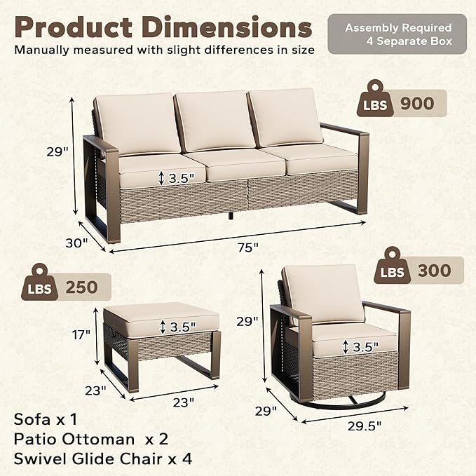 7 Pieces Metal Wicker Patio Furniture Set - 75" Sofa, Four Swivel Chairs and Two Ottomans, All Weather Rattan Outdoor Conversation Furniture with Washable Cushion for Deck Porch, Beige