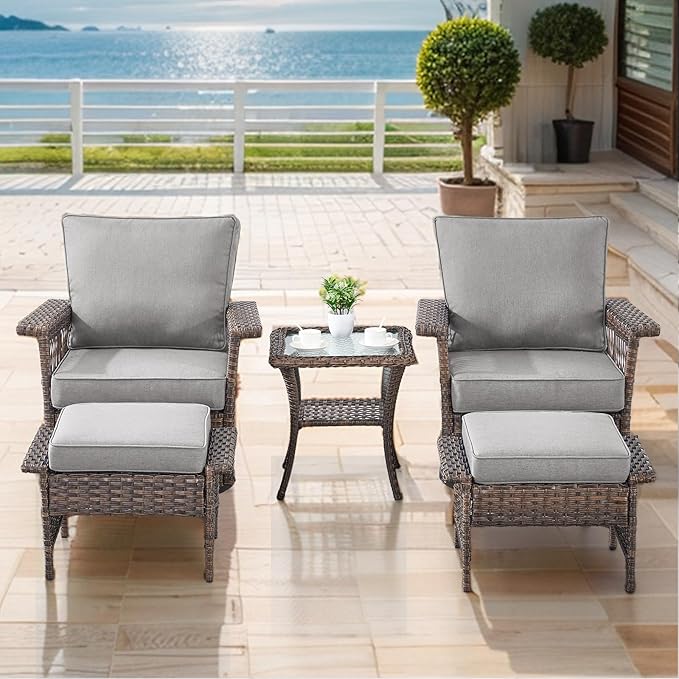 Outdoor Wicker Patio Furniture Set - 5 Piece Rattan Patio Conversation Sets with 2 Swivel Rocking Chairs,2 Ottomans and 1 Side Table for Porch Deck Garden(Brown/Grey)