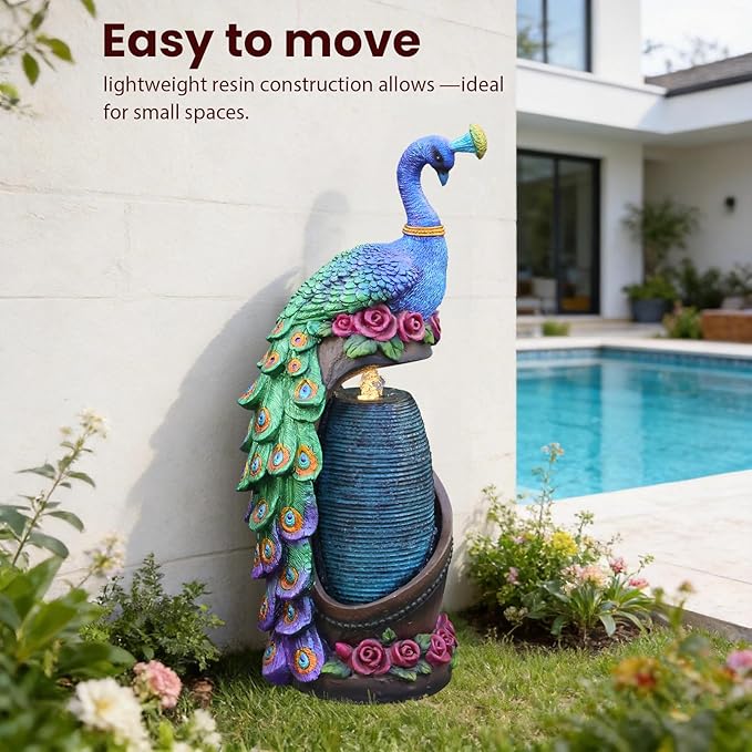 Tankana 32" Peacock Sculpture Waterfall Fountain Indoor with LED Lights, Artistic Colorful Bird Sculpture Waterfall for Living Room, Entryway & Home Office Decor