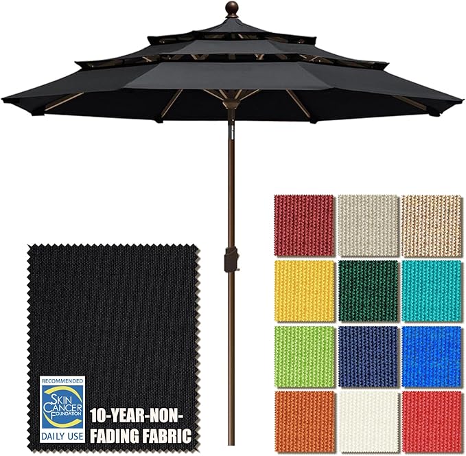 EliteShade USA 10-Year-Non-Fading 9ft 3-Tier Market Patio Umbrella, Commercial Grade Outdoor Table Umbrella with Crank Open, Windproof & UPF 50+ UV Protection, Heavy Duty Ventilation for Garden, Deck, Pool, Backyard, Beach & Bistro, Black