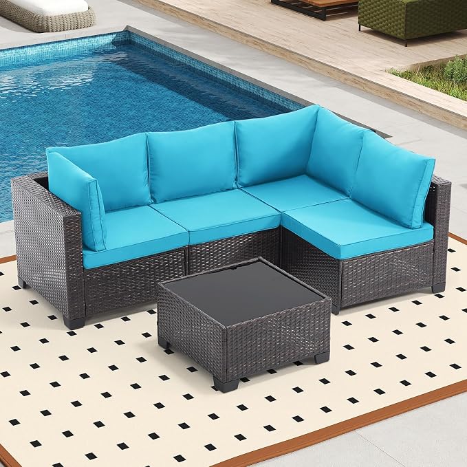 Bonzy Home 5 Pieces Outdoor Patio Furniture Set, PE Rattan Outdoor Sectional Furniture Sofa Set with Removable Cover and Glass Coffee Table, Patio Sofa for Balcony, Porch, Garden, (Brown-Turk Blue)