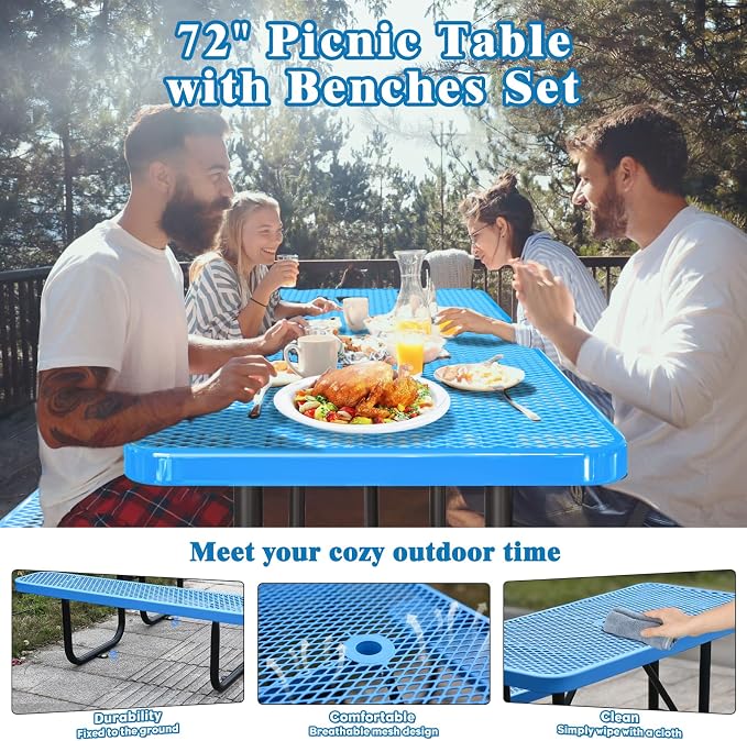 Ceridwen Heavy Duty Picnic Table with 2 Benches, Expanded Metal Steel Mesh Outdoor Patio Dining Table Bench Set with Umbrella Hole,Outdoor Patio Dining Table for Garden (Rectangular, Blue, 6FT)