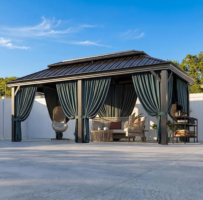 HOTEEL Gazebo 12x20 on Clearance with Metal Roof, Heavy Duty Hardtop Gazebo with Flame-Retardant Curtain & Netting, Outdoor Gazebos with Galvanized Steel Double Roof for Party,Patio Black
