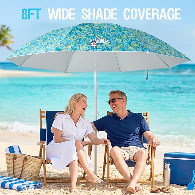 Old Bahama Bay 8ft Beach Umbrella with Screw Sand Anchor & Tilt Mechanism, UPF 50+ UV Protection, Windproof Heavy Duty Portable Sun Shelter with Carry Bag for Patio, Garden, Pool, Backyard, Palm Print