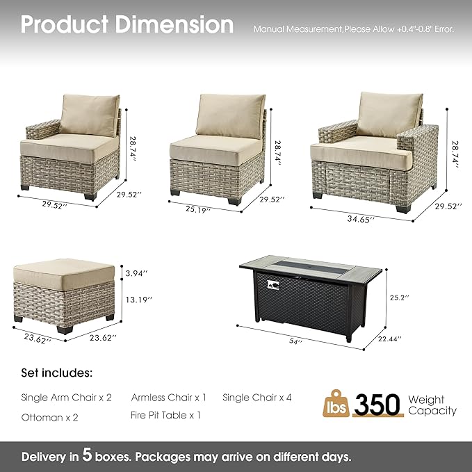 Rattan Patio Furniture Set with Fire Pit,10 Pieces Outdoor Sectional with Single Chair Ottoman,Out Door Furniture Conversation Set,Beige