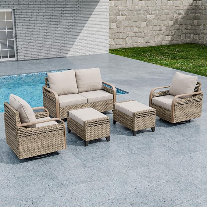 EAGLE PEAK Modern Wicker Outdoor Patio Furniture Set, Patio Conversation Set, 2 Swivel Rocking Chairs, 2-Seat Loveseat and 2 Ottomans, 5 Pieces, Brown/Gray