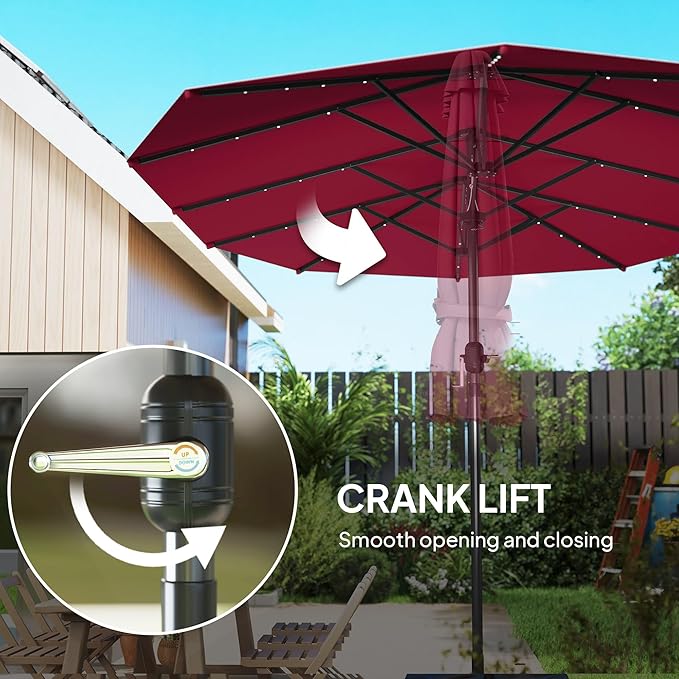 Outsunny 14.8ft Double Umbrella, Large Outdoor Patio Sun Shade with LED Solar Light for Garden