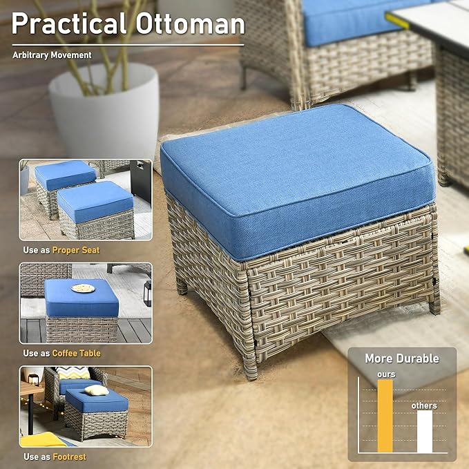 HOOOWOOO Patio Furniture Set,5 Pieces Wicker Outdoor Furniture,High Back Conversation Set with All Weather Resistant Swivel Chairs with Ottoman Side Table,Diamond Blue
