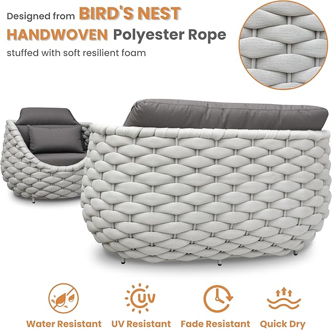 Aluminum Outdoor Seating Set: 5 Pieces Woven Rope Patio Furniture Conversation Set - Modern Deck Loveseat Set Cushioned - Assembled Metal Porch Lounge Set for Yard Garden Lanai Hotel Resort Pool