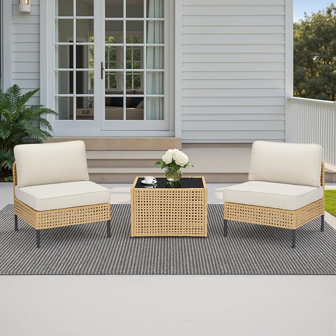 Belord Patio Conversation Sets 3-Piece, Boho Outdoor Furniture with Waterproof Cushions & Table, Wicker Patio Furniture for Porch, Balcony
