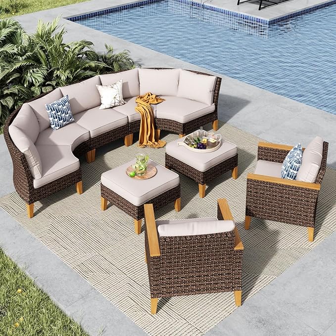 MFSTUDIO 9 Pieces Wicker Patio Furniture Set, All-Weather Rattan Outdoor Half-Moon Curved Sectional Sofa Set for Garden, Backyard, 4 x Curved Sofa, 1 x Armless Chair, 2 x Ottomans, 2 x Corner Sofa