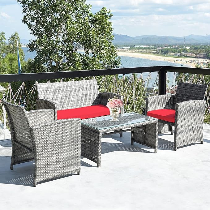 Outdoor Conversation Set, 4 Pieces Wicker Patio Furniture Set with Ergonomic Curved Design, Patio Chair Set with Water-Resistant Cushion & Tempered Glass Table for Porch, Poolside (Red)