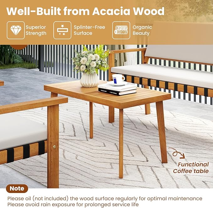 Tangkula 4 Pieces Wood Patio Furniture Set, Outdoor Acacia Wood Cuhioned Conversation Set with Coffee Table, for Backyard,Porch,Garden,Lawn