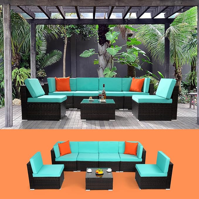 7 Pieces Large Wicker Patio Furniture Set, Rattan Outdoor Sectional Sofa Set, Patio Conversation Set for Garden, Sectional Outdoor Furniture, Outdoor Sofa,Sectional Couch with Coffee Table