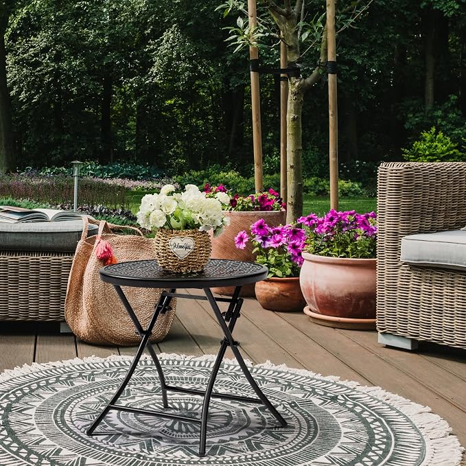 TeoKJ Folding Small Outdoor Side Tables, Anti Rust Small Patio Table Round Metal Nightstand with Flower Cutouts for Porch Yard Balcony Deck Lawn, Black