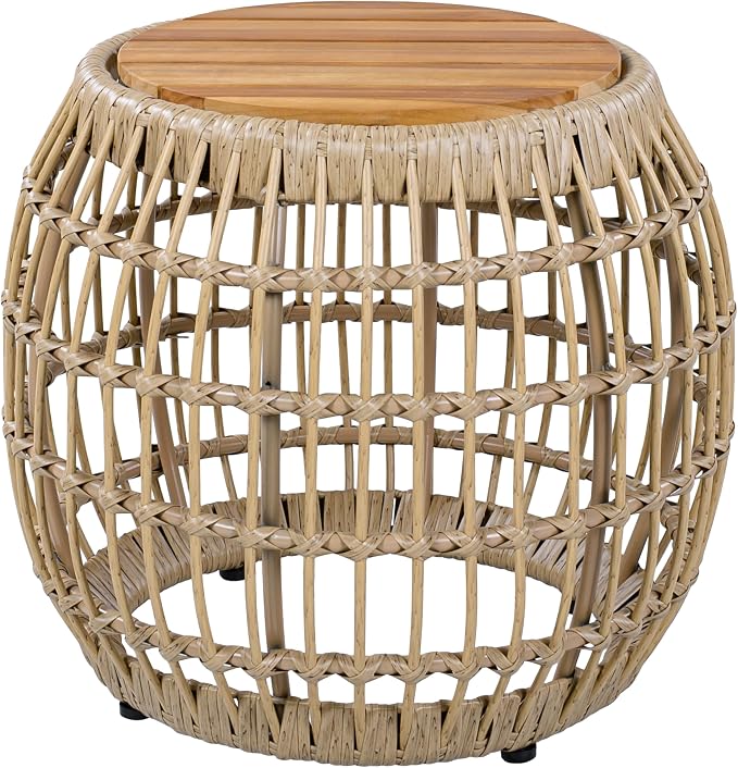 Christopher Knight Home Thalton Outdoor Side Table with Faux Wicker, Acacia Wood End Table, Round Patio Side Table, Accent Table for Garden Balcony Poolside and Indoor Use, Garden Stool, Light Brown