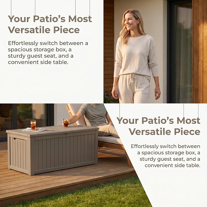 155 Gallon Outdoor Deck Storage Box, Large Waterproof Resin Patio Storage Box, Lockable Bench Seat Holds 2 Adults, for Garden Tools, Cushions & Pool Floats, UV & Rust Resistant, Gray Brown