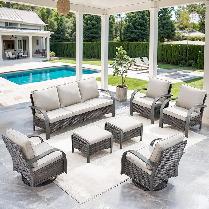 Belord Patio Conversation Sets - 7 Piece Outdoor Patio Furniture Sets with Swivel Rocker Outdoor Chairs, Wicker Couch, Rattan Ottoman for Lawn Backyard Porch Garden, Brown