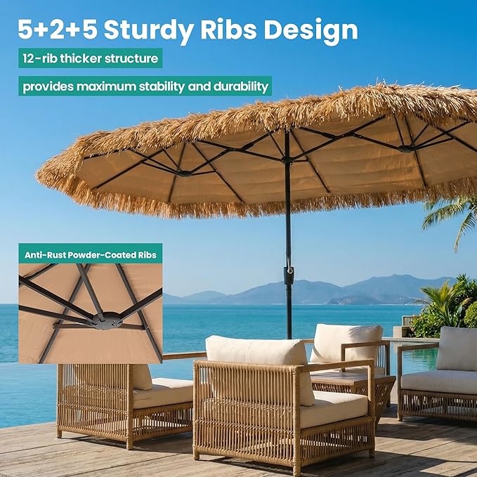 SUNBURY 9/10/13FT 2-Tier Wind-Resistant Tiki Umbrella with 8 Ribs,Extra Wide Hawaiian Patio Shade with UPF50+