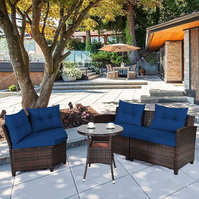 HAPPYGRILL 4 Pieces Rattan Patio Conversation Set, Outdoor Wicker Furniture Set with Cushioned Sofas and Coffee Table, L-Shape Sectional Curved Sofa Set for Garden Poolside Balcony
