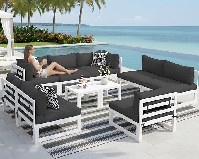 NICESOUL L Shaped Modern Aluminum Outdoor Patio Furniture Set, 29" XL Large Wide Deep Sitting, Fade Resistant Modular Sectional Sofa Set of 10, 500 lbs Sturdy Conversation Set for Backyard, Dark Gray