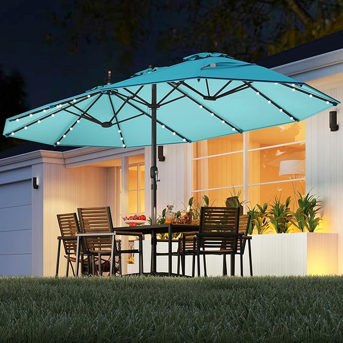 Tangkula 15FT Double-Sided Solar Patio Umbrella, Extra-Large Outdoor Twin Umbrella with 48 LED Lights, Vented Top, Crank Handle, 12 Ribs, Weighted Base Included for Backyard Poolside Deck (Turquoise)