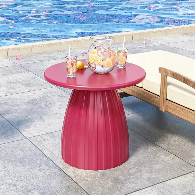 Round Metal Outdoor Patio Side Table, Steel Outdoor Accent Table, Small Patio End Table, for Garden, Pool, Yard, Balcony, Living Room, Deck, Weather Resistant, No Assembly, Pink