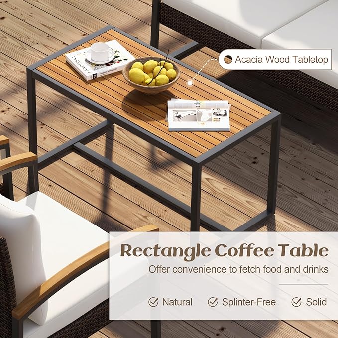 Tangkula 4 Piece Patio Conversation Set, with Heavy Duty Solid Acacia Wood Armrests & Tabletop, Outdoor Cushioned Wicker Furniture Set for Backyard, Poolside, Lawn, Balcony (1, Off White)