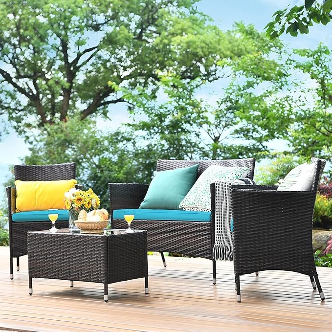 COSTWAY 8PCS Rattan Patio Furniture Set, Outdoor Wicker Rattan Chairs with Coffee Table, Rattan Cushioned Conversation Set for Backyard Balcony Porch Poolside, Turquoise