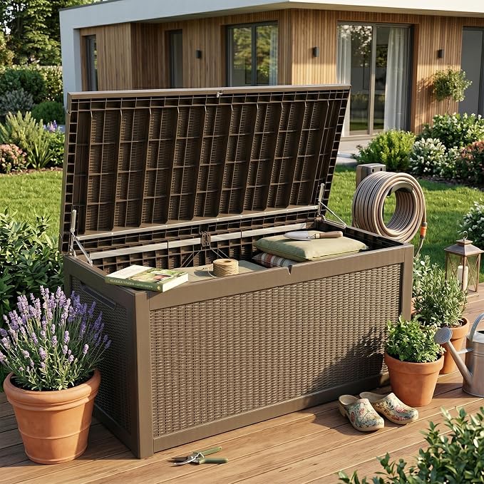 319 Gallon Extra Large Outdoor Storage Box, Waterproof Deck Box with Lockable Lid, Resin Outside Storage Box for Patio Furniture, Pool Accessories,Garden Tools, Storage Bench for Backyard, Gray Coffee