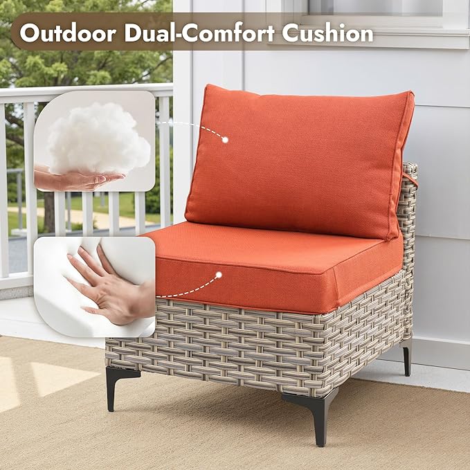 5 Pieces Patio Furniture Set with Solar Light Coffee Table, All-Weather Rattan Outdoor Sectional Conversation Sets L Shaped Sofas for Outside Porch Balcony Backyard Coarse Stripes Red