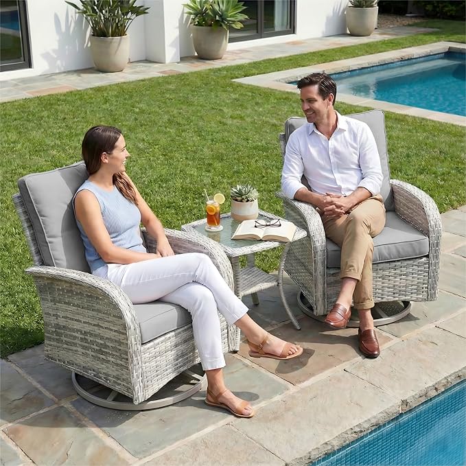 3-Piece Small Patio Furniture Set, Outdoor Swivel Rocking Chairs Set with Wicker Chairs and Tempered Glass Side Table, Outdoor Furniture Patio Bistro Set for Balcony, Deck, Porch