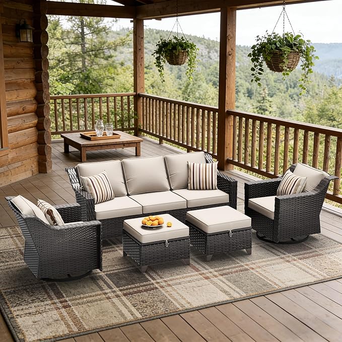 5 Pieces Patio Conversation Furniture Set - 1 Sofa, 2 Swivel Chairs, 2 Ottomans, Outdoor Wicker Furniture with Removable Cushions for Porch, Balcony, Sunroom (Beige)