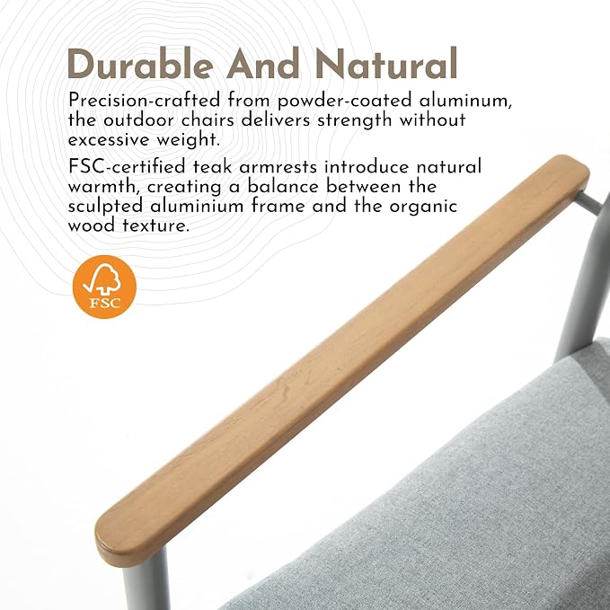 Modern Shade Lusso Outdoor Dining Chairs Set of 6, Fade Resistant, All-Aluminum Outdoor Chairs with FSC Teak Wood Armrests, Weather-Resistant Patio Chair with Quick Dry Cushion, Gray