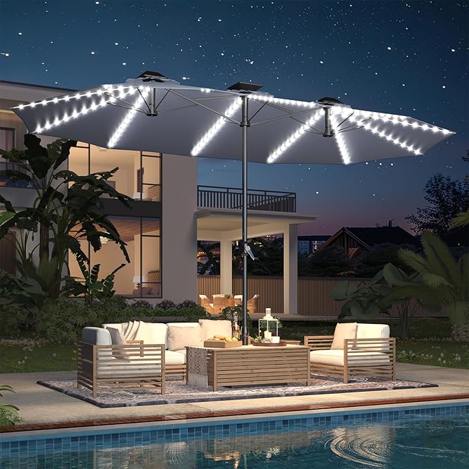 AECOJOY 15ft Patio Umbrella with Solar Lights, Outdoor Large Patio Umbrella with Crank Handle and 156 PCS LED Lights, Rectangular Market Umbrella for Backyard Deck Pool in Grey(1.9" Pole)