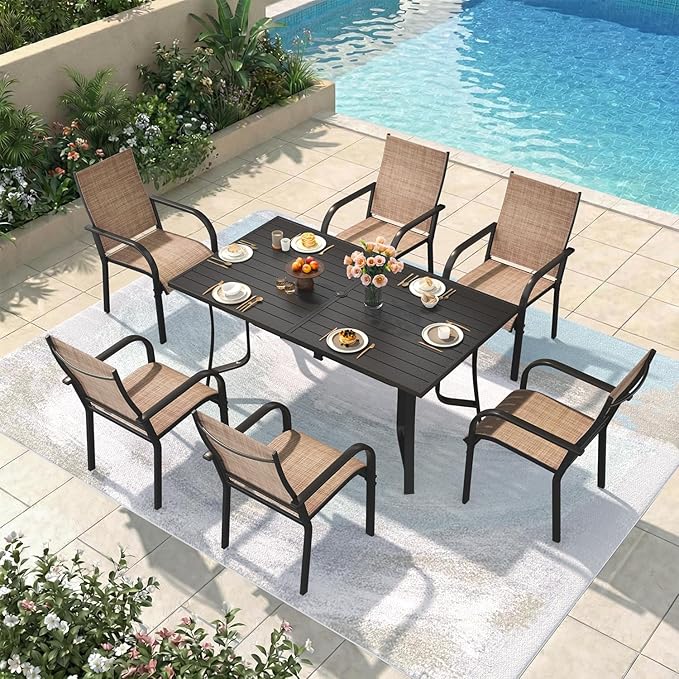 7 Pieces Patio Table and Chairs Set, 63" Metal Dining Table with Umbrella Hole & 6 Textilene Fixed Chairs, Dining Table Set for 6, Outdoor Furniture for Porch Deck Backyard Balcony, Brown