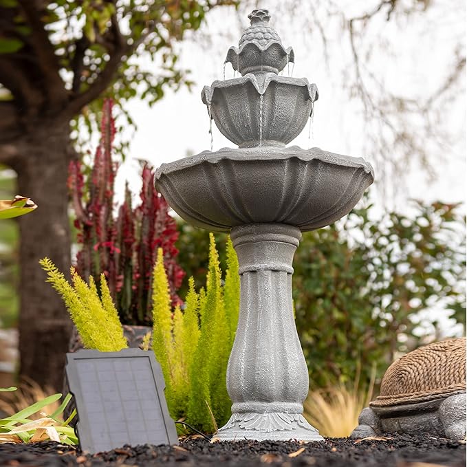 XBrand 36.2" Solar Powered 2-Tier Outdoor Water Fountain, Resin Fountain with Solar Panel Pump, Gray
