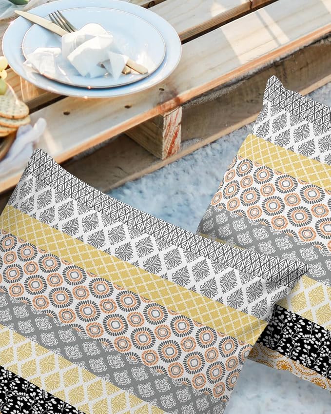 Outdoor Waterproof Throw Pillow Covers Set of 2 Yellow Boho Stripe Tribal Vingtage Lumbar Pillowcases 26x26 Inches Bohemian Style Decorative Pillows Cushion Case Patio Pillows for Couch Bed Garden